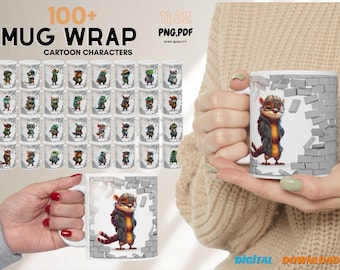 Classic Cartoon Character Mug Wrap, 11 oz Mug Bundle Sublimation Wrap, Happy Mommy Day, birthday mug wrap, Hole in a wall Mugs, Best selling