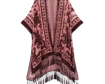 Blush Boho Ausbrenner Samt Kimono - Boho Festival Gänseblümchen Fransen Jacke rot orange pink