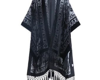 Schwarzer Boho Ausbrenner Samt Kimono - Boho Festival Gänseblümchen Fransen Jacke