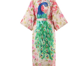 Peacock and Floral print dressing gown, kimono, soft viscose rayon with belt. bohemian, boho, festival, holiday jacket