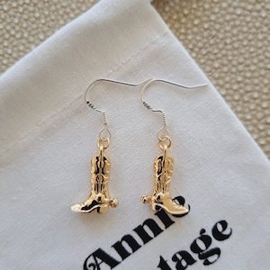 925 Sterling Silver Ear Hooks - Gold mini cowboy boots dangle  earrings -  Vintage style  western