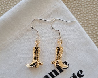 925 Sterling Silver Ear Hooks - Gold mini cowboy boots dangle  earrings -  Vintage style  western