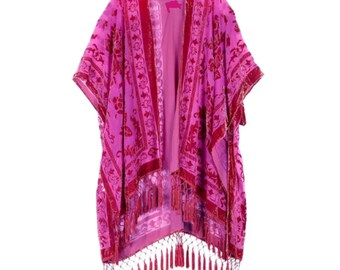 Pinker Boho Ausbrenner Samt Kimono mit Fransen - Boho Festival Gänseblümchen Fransen Jacke in Fuchsia Cerise