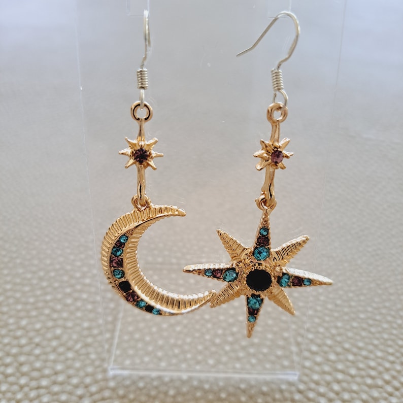 925 Sterling Silver Ear Hooks Gold moon star celestial dangle earrings with diamante Vintage style image 6