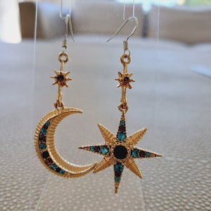 925 Sterling Silver Ear Hooks Gold moon star celestial dangle earrings with diamante Vintage style image 5