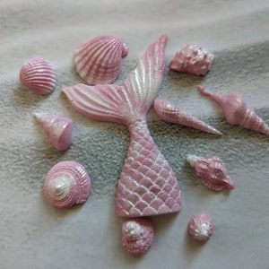 May include: A pink and white mermaid tail with a sparkly finish, surrounded by pink and white seashells.