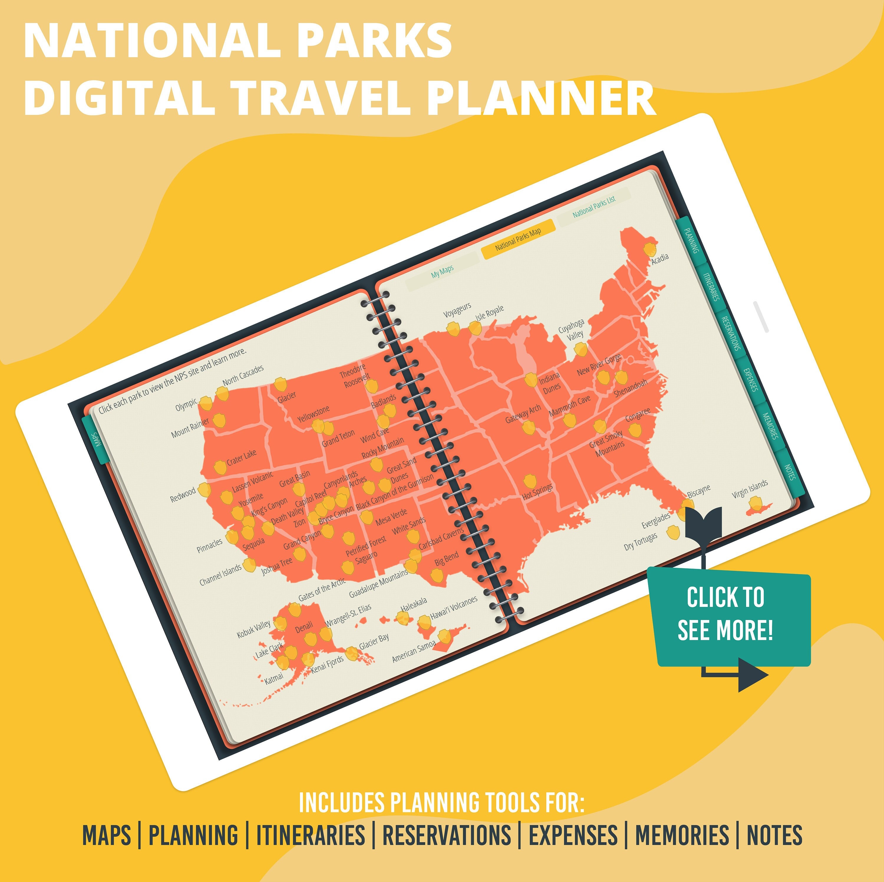 National Parks Vacation and Travel Digital Planner | Road Trip