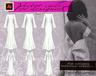 Evening Dress Flat Sketch | Fashion Technical Drawing  | Technical Dress Flat Drawing | Ai Fashion Drawing | CAD Vector Ai |