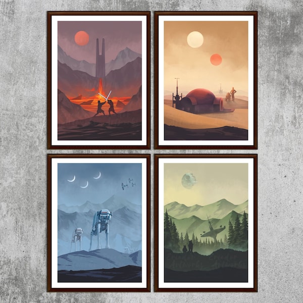 Star Wars Poster Set Minimalist - Mustafar, Tatooine, Hoth, Endor - Star Wars Wall Art, Decor