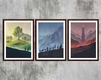 Ensemble d’affiches du Seigneur des Anneaux Minimaliste - Hobbiton, Communauté de l’Anneau, Mordor - LOTR Wall Art, Cadeau de Noël, Décor