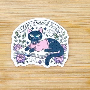Pegatina holográfica de gato &quot;Leo libros prohibidos&quot;, pegatina de libros prohibidos, pegatina de bibliotecario, pegatina de botella de agua, pegatina de lectura, pegatina de planificador