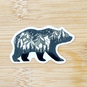 Mountain Bear Silhouette Sticker, Camping Hiking Sticker, Nature Sticker, Decals For Laptop, Luggage, Water Bottle