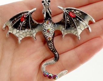 Black & White Dragon Pin, Dragon Brooch, Dragon Enamel Pins, Dragon Age Pin, Golden Headed Dragon, Spiritual Dragon Accessories
