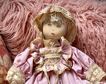 Vintage Doll, Canvas Body, Elaborate Dress, Large Doll