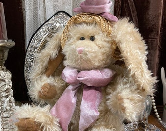 Bunny Elsbeth, Beautiful Plush Rabbit, Long Golden Fur, Hat with Velvet Rose, 14" Tall