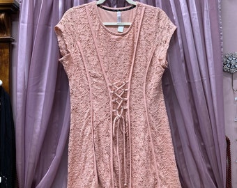 Peach Lace Dress, Tie Front, Size M