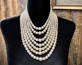 Pearl Statement Necklace, 7 Strand, Gold Lace Beadcaps, Japan