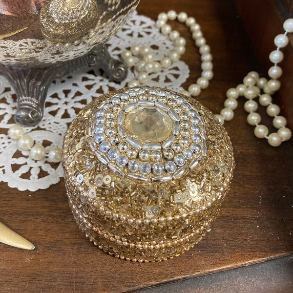 Golden Trinket Box with Glass Beads, Sequins and Pearls, Round Domed Box with Lid
