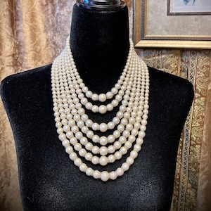 Pearl Statement Necklace, 7 Strand, Gold Lace Beadcaps, Japan image 1