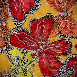 Sheer Golden Orange Sarong with Butterflies, Sequins, Satin Embroidery, Large Lightweight Cotton Stole, Jackpot Brand, Swimsuit Coverup