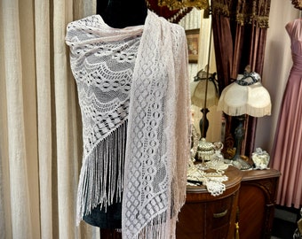 Silvery Off White Lacey Shawl, Vintage Fringed Shawl