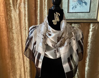 Silky Music Notes Scarf, Ivory Tone On Tone, Long Scarf