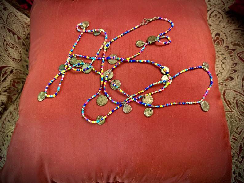 Long Seed Bead Necklace with Disk Charms, Multicolor Glass Bead Bracelet image 6