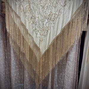 Antique Wedding Shawl, Piano Shawl, Embroidered Ecru Silk, Long Hand Knotted Fringe