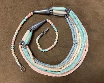 Pastel Tube Bead Necklace, Silvertone Beads, Soft Rainbow Colors