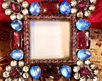 Antique Brass Jeweled Frame, Little Photo Frame, Faceted Jewels