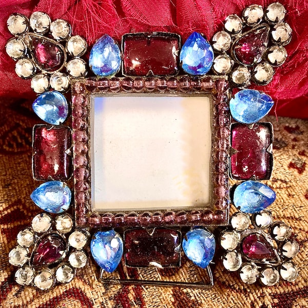 Antique Brass Jeweled Frame, Little Photo Frame, Faceted Jewels