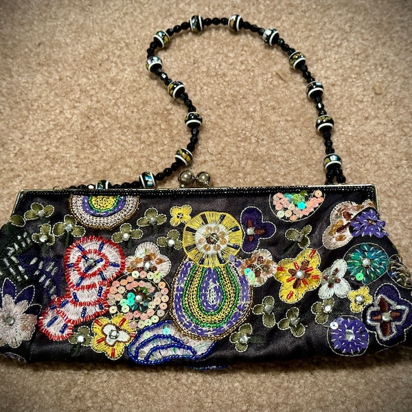 Jeweled Evening Purse, Black Fabric Handbag, Beading and Embroidery