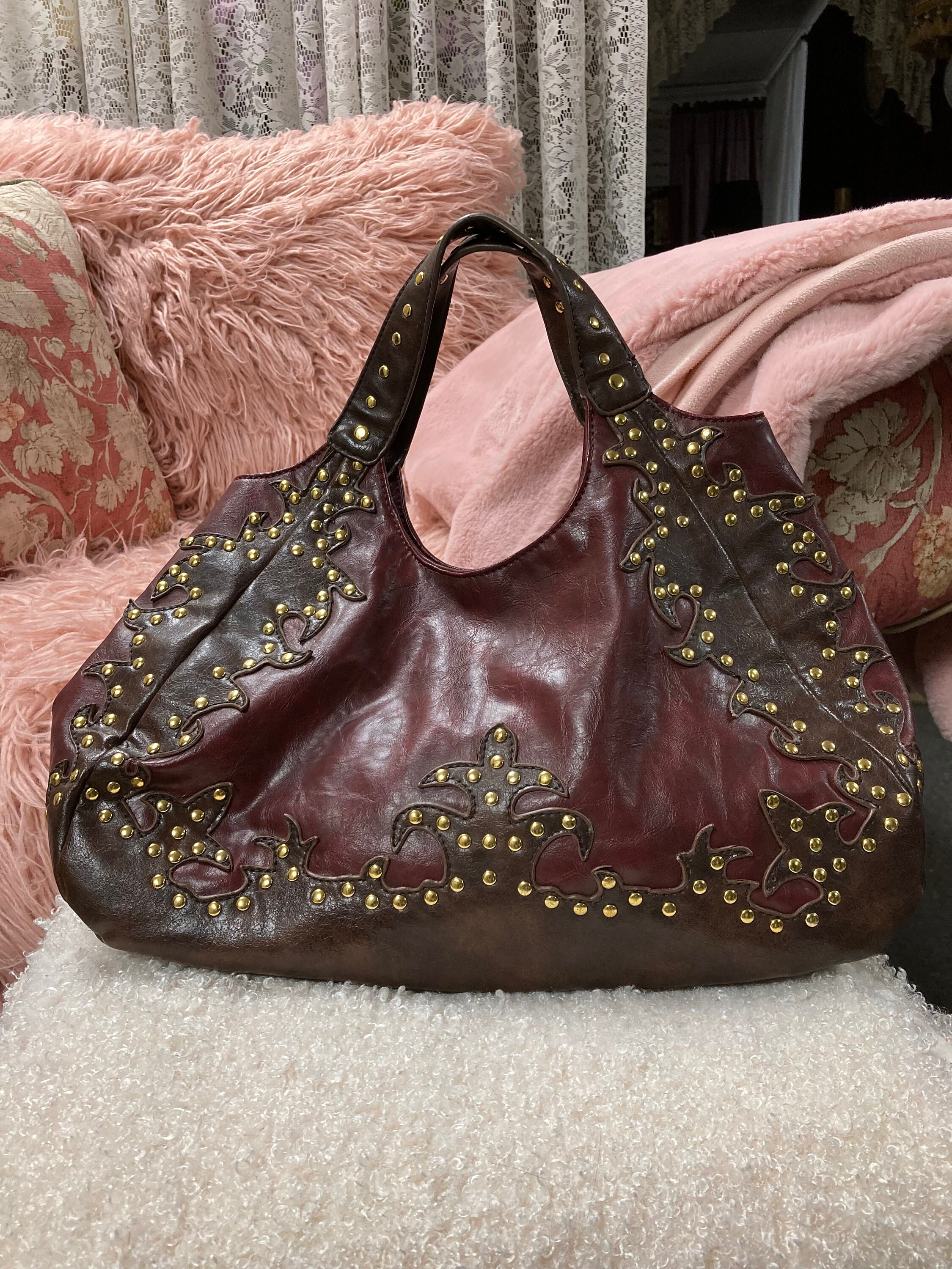 Susan Nicole Oxblood Leather Bag With Brass Studs Larfe Etsy