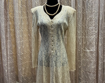 Lace Dress, Long Sleeves, Button Front, Size Medium, Off White