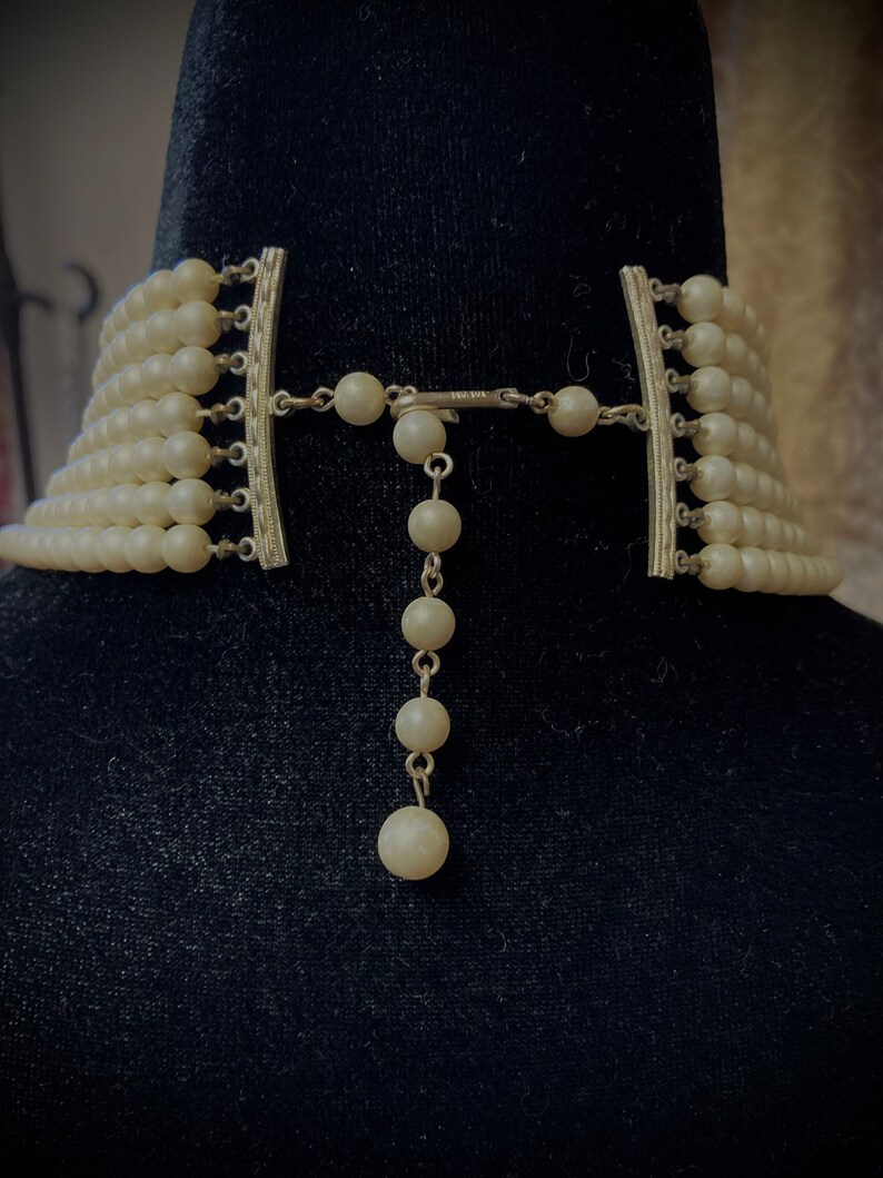 Pearl Statement Necklace, 7 Strand, Gold Lace Beadcaps, Japan image 2