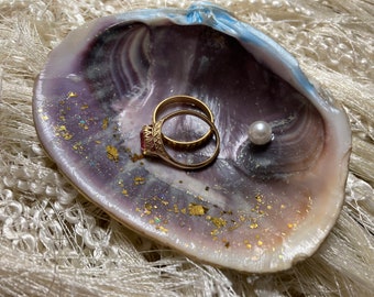 Natural Seashell Ring Dish, Golden Shell with Glass Pearl