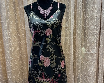 Black Satin Slip with Pink Roses, Adjustable Straps, Rounded Hem, Size Small