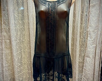 Sheer Black Chemise by Darling, Sleeveless, Scoop Neck, Embroidered Lace Details, Size Small