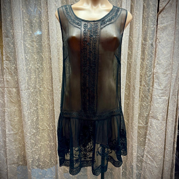 Sheer Black Chemise by Darling, Sleeveless, Scoop Neck, Embroidered Lace Details, Size Small