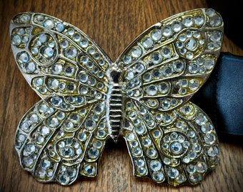 Silver Crystal Butterfly Belt, Black Leather Belt with Large Silver and Crystal Butterfly Buckle