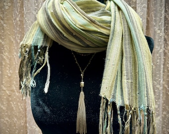 Long Woven Scarf, Shades of Sage and Taupe, Knotted Self Fringe