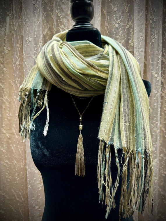 Long Woven Scarf, Shades of Sage and Taupe, Knotte