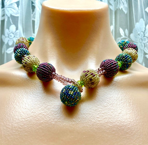 Beaded Bead Choker, Colors of Fall, Glass Seed Be… - image 3