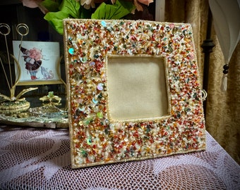 Picture Frame, Fabric Covered Wood Frame, All Over Glass Beading, 7” Square Frame for 3”x 3” Photo