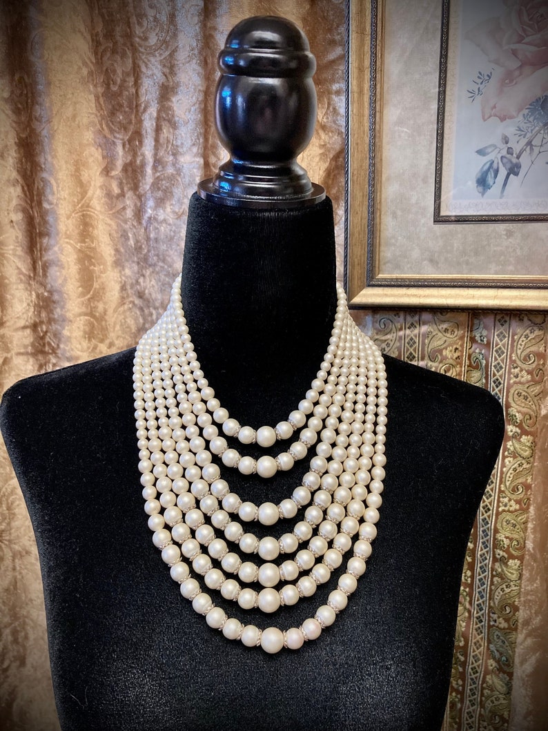 Pearl Statement Necklace, 7 Strand, Gold Lace Beadcaps, Japan image 1