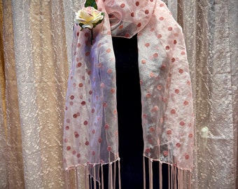 Sheer Pink Polkadot Scarf, Long Fringe