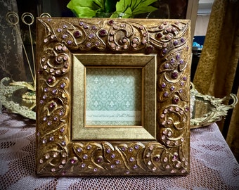 Picture Frame, Antique Bronze Finish Wood, Raised Design, Faceted Crystals