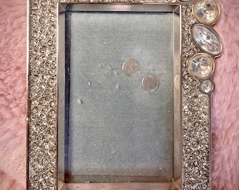 Small Silver Rhinestone Picture Frame, Mirror Finish, Sparkle Under Glass, Vintage Photo Frame