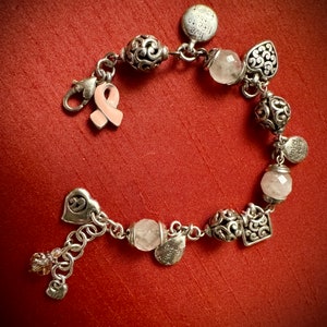 Silver Breast Cancer Charm Bracelet, Lobster Claw Clasp image 1