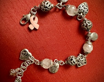 Silver Breast Cancer Charm Bracelet, Lobster Claw Clasp